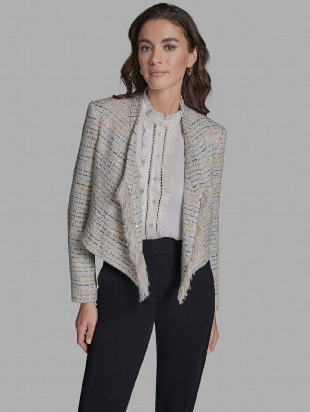 BCBG Icon Edition Textured Fringe Tweed Open Jacket - Cream, Multicolor NWT